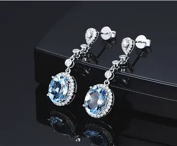 Aquamarine dragih kamnov, modra kristal cirkon diamanti spusti uhani za ženske 18k belim zlatom, srebrne barve, nakit, dragulji, bague darilo