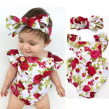 Baby Dekleta Poletje Bodysuits Bombaž Cvetlični Oblačila Modni Rdeči cvet Kratkimi Rokavi Jumpsuit z Glavo Obleke