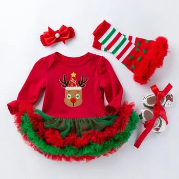 Baby Girl Oblačenja Nastavite Moj Prvi Božični Kostum Tutu Obleke NewbornToddler Dekleta Obleke 4pcs Rdeče Romper Čevlji Glavo Nogavice
