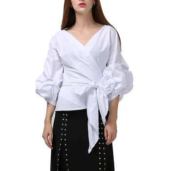 CHICEVER Prugasta Elegantne Ženske Majice V Vratu Polovico Listnatega Rokav Križ Povoj Bowknot Slim Priložnostne Bluze za Ženske do leta 2020 Novo Jeseni