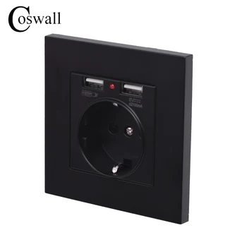 Coswall Dvojno Polnjenje prek kabla USB Vrata 5V 2.1 Polnilnik Ac LED Indikator 16A EU Vtičnico električno Vtičnico PC Plošča Čiste Črne Barve