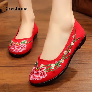 Cresfimix ženske modni kitajske tradicionalne vezenje ravno čevlji lady udobno zdrsne na plesne čevlje ženski kul čevlji a2037