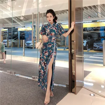Do Leta 2020 Kitajska Obleka Cheongsam Qipao Vestido Chino Orientalski Obleko Cheongsam Perilo Mandarin Ovratnik Kimono Style Visoko Split Qipao