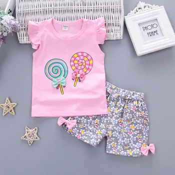 Dojenčka Dekle Otroška Oblačila Obleko Risanka Lollipop Kratek Rokav T-Shirt Hlače Sklop 2 Kos Bombaža Cvetlični otroška Oblačila