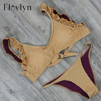 Floylyn Brazilski Bikini Komplet Ženske Prugasta Bikini Push Up Biquini Ingver Ruffle Kopalke Maillot Bain De Kopalke Plažo
