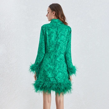 GALCAUR Mozaik Pero Obleke Ženska River Dolg Rokav Natisnjeni Tassel Mini Ženske Zelena Obleka Modna Oblačila 2020 New Tide