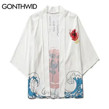 GONTHWID Kitajski Zen Znak Tiskanja Japonski Spredaj Odprti Kimono Jopico Srajce Moške Harajuku Priložnostne Ulične Jopiči Plašč Vrhovi