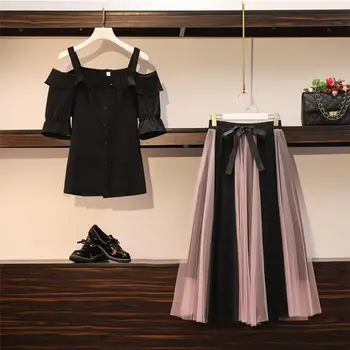 ICHOIX 2PCS Nastavite Plus Velikost L-4XL Black Off-ramo Vrh+ Naguban Dolgo Krilo Ženske Dva Kosa Obleko Eleganten Stranka Obleke