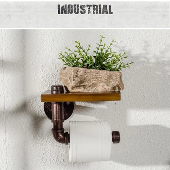 Industrijska Toaletni Papir Držalo z Lesene Police Kovinske Stene Skladiščenje Železa Cevi Tkiva Roll Obešalnik (Enotni Sooča)