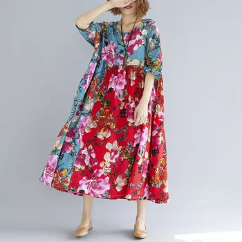 Johnature 2021 Poletje Cvjetnim Tiskanja Obleka Ženske Priložnostne Plus Velikost Mozaik Hit Barve Korejski Svoboden Ženske Obleke Nove