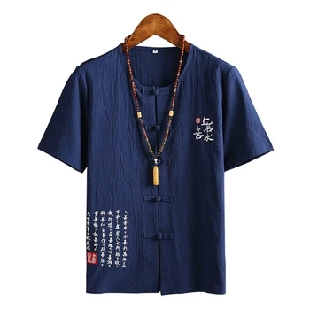 Kitajski Slog Bombaž Majica s kratkimi rokavi Moški Kratek Rokav Vintage Priložnostne Mens T Srajce Sponke Poletje Moda Človek T-shirt