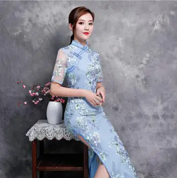 Kitajski Slog Dolgo Cheongsam Modi Nove Ženske Čipke Elegantno Vitek Qipao Večer Stranka Obleko