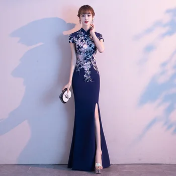 Kitajski slog Družico poročne Obleke Cvet Vezenje cheongsam obleke Stranka morska deklica večerno obleko Qipao Vestido