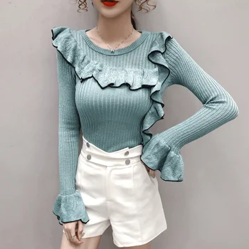 Korejski sladko srčkan pulover ženske 2020 jeseni pulover pleten majica flare dolg rokav ruffles ženski puloverji vrhovi puff femme