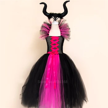 Maleficent Zla Kraljica Tutu Krilo Za Dekleta Obleke Z Rogovi Halloween Kostum Čarovnica Cosplay Dekleta otroški Pustni Party