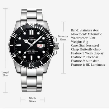 Moda za Šport Gledam Švica KARNEVAL Plavanje Samodejni Watch moških Koledarski Teden Sijoča, polna jekla Trak Mehanske ure