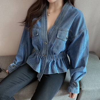 Modra Elastična Kratka Slim Zbiranje Pasu Denim Jakna Ženske Seksi Proti-Vrat Svoboden Odrezana Jean Plašč Trendy Pomlad Outwear Korejskem Slogu