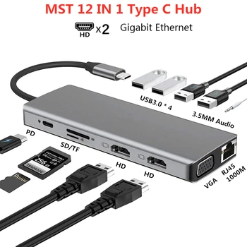 MST Dock Postajo Dvojno HDMI 4K Dual Monitor USB C Adapter USB 3.0, VGA priključek RJ45 PD Polnjenje za Macbook Pro Tip C Razširitvene Pretvornik