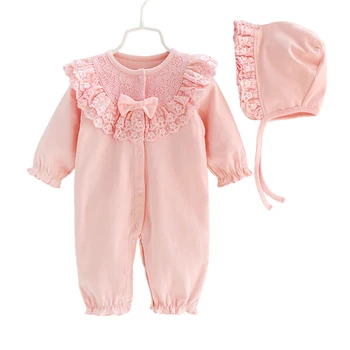 Newborn Baby Girl Obleke & Igralne Obleke 0 3 Mesecih Bombaž Dolge Rokave Jesen Pomlad Roza Romper Baby Dekle Nogavice 3 6 9 Mesecev