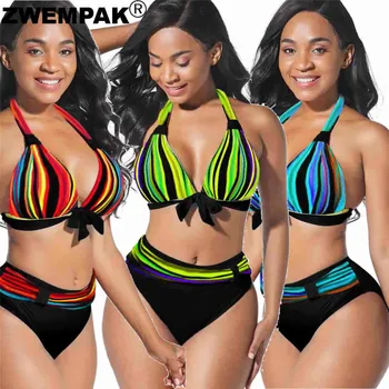 Nov Prihod Poletja Ženske Povoj Povodcem Bikini Komplet Multi Barve Stripe Bowknot Okrašena Bikini Veliki Plavanje Obleko Velike Kopalke
