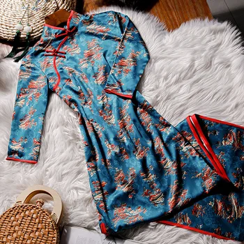 Novo Cvjetnim Tiskanja Tradicionalni Kitajski Poročno zabavo, Obleke za Ženske Dolgo Cheongsam Qipao Svilnato Obleko haljo chinoise formalno oblek