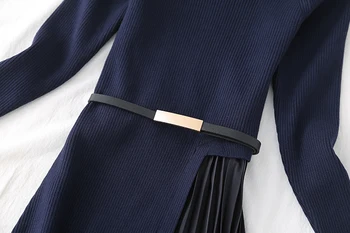 Novo Leto 2020 Eleganten Pleten Mozaik Gradient Roza Nabrano Obleko Ženske Long Sleeve Jopica Urad Enega Kosa Midi Obleka S Pasom