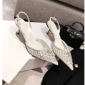 Opozoril diamond stiletto čipke bele sandale 2020 nov stil poroka banket fashion sexy visoko peto čevlje ženske, Star denar