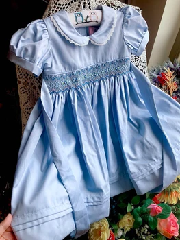 Otroci Modro obleko poletje smocked obleke ročno bombaž letnik poroka, otroci, oblačila, Princesa Stranka butiki otroci oblačila