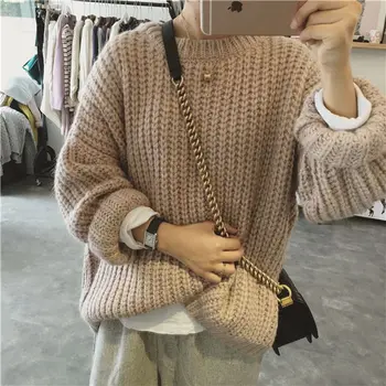Oversize retro svoboden plesti pulover ženske 2020 jeseni, pozimi novi korejski slog debele volne čiste barve puloverju O-vratu jopica