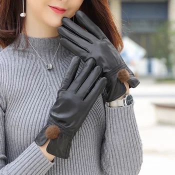 Poceni cene, popust 2019 pravega usnja rokavice ženske ovčje kože rokavice ženske tanke toplotne mink lase žogo moda TWA551