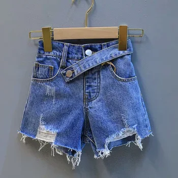 Poletje dekleta jeans baby traper hlače otroci vroče hlače otrok ulične malčka dna raztrgala križ pasu gumb za 3 do 7 let