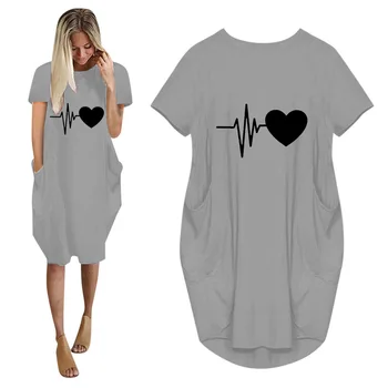 Poletje Ženske Obleke Srce Bije Ljubezen, Tiskanje Plus Velikost Midi Obleko Priložnostne O Vratu Kratek Rokav Z Žep Svoboden Moda Obleko Femme