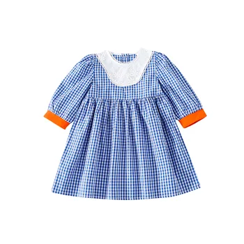 Pomlad/jesen Novo Mrežo Dekle Obleko Otrok Čipke, Kontrast Ovratnik Dolgo sleeved Obleke za Dekle Bombaž Princesa Baby Obleko