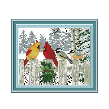 Pozimi Snežno Ptic Božič Vesel 14CT 11CT Natisnjeni Navzkrižno Šiv Komplet Zimskih Ptica Vzorec na Ograjo