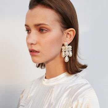 Priljubljena umetne biser tassel uhani ženski dolg odsek pretirana atmosferski uhani, modni trend osebnost uhani