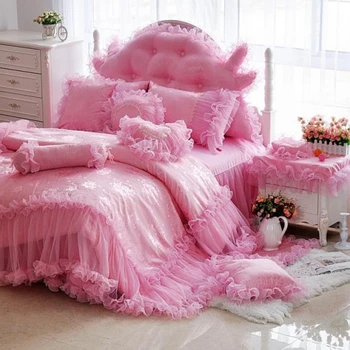Princesa Čipka, razkošje poročni kompleti posteljnine kraljica kralj velikost bež/roza/rdeča/vijolična barva 4/6/8pcs bedskirt+prevleke+rjuhe kritje s