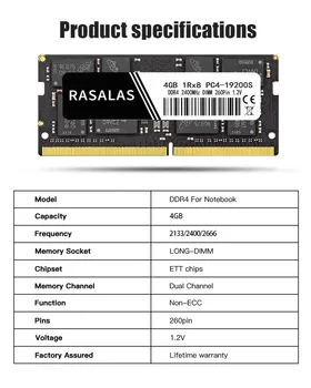 Rasalas DDR4 RAM 4 GB 1RX8 PC4-10600S 2133Mhz 2400MHz 2666MHz pomnilnik so-DIMM 1,2 V Zvezek 260Pin Black Laptop Memory Sodimm NE-ECC