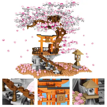 SEMBO Mesto Tehničnih Street View Ideja Sakura Inari Svetišče gradniki Ustvarjalca Cherry Tree House Otroci Igrače Opeke Dekle Darila