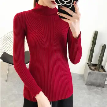 Semi-visok ovratnik debel pulover spomladi in jeseni novo 2020 kratek oddelek Slim neto rdečem puloverju plesti dno shirt ženski dolgo s