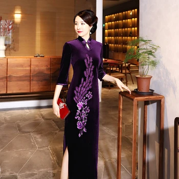 Sheng Coco Velur Vijolično Cheongsam Obleko Pav Cvetje Vezene Visoko Arhiv Dolgo Qipao Kitajska Obleka Ženske Obleke