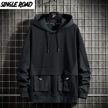 SingleRoad Mens Hoodies Moških 2021 Pomlad Strani Žepi Hip Hop Majica Japonski Ulične Prevelik Črn Pulover S Kapuco Moških Plus Velikost