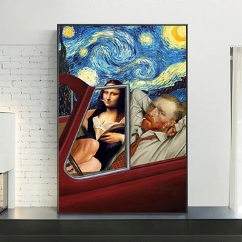 Smešno Art Van Gogh in Mona Lisa Vožnje Platno Plakati Povzetek Kajenje Oljnih Slik na Platnu Stenske Slike Doma Stenski Dekor