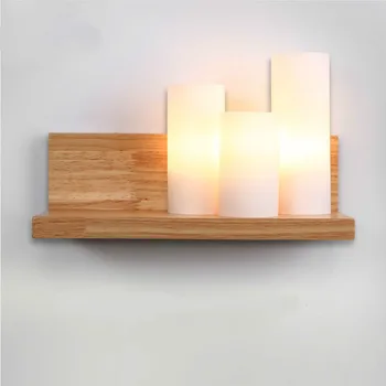 Sodobna preprost Masivnega Lesa Sconces LED Stensko Luč,3*E27 sveča obliko motnega stekla Japonski stenske svetilke za Spalnico razsvetljave držalo