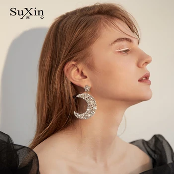 SuXin uhani 2020 novo preprost temperament zvezde, luna uhani za ženske dolgo kristalni obesek, uhani nakit darilo
