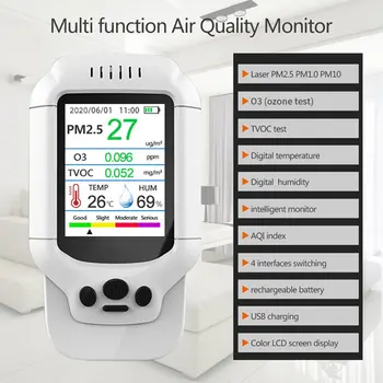 Tester Kakovost Zraka Monitor Plinski Analizator Koncentracije Ozona Detektor Po Razkuževanje Tvoc Pm Prah, Dim Senzor Prenosni