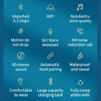 TWS Uvoženih V5.1 Čip HI-fi Slušalke Slušalke Brezžične Bluetooth Slušalke 9D Stereo Zvok Auriculares Šport Nepremočljiva Čepkov