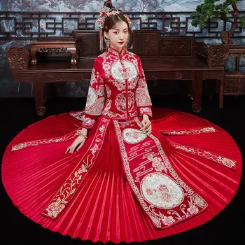 XiuHe Visoko kakovostno Rdeče Kitajska Poročna Obleka Ženska Cheongsam Slim Tradicionalno Kitajsko Obleko Neveste Poroka Stranka Qipao