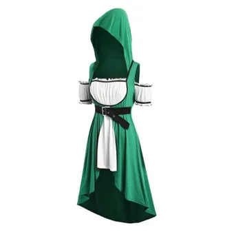 Xxxxxl xxxxl xxxl Srednjeveški Halloween Kostumi Ženske obleke Hooded Asimetrični Letnik Pasu Svoboden Retro Linije Kostum Plus Velikost