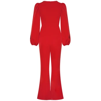 YIGELILA Moda za Ženske Rdeča Flare Jumpsuit Urad Dama Luč Rokavi Jumpsuit Z Pasu Trdno Boot Cut Jumpsuit 5987
