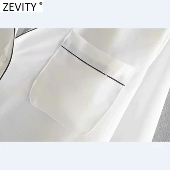 Zevity 2021 Ženske Modni Črni Rob znižuj Ovratnik White Delavska Bluzo Urad Dama Žep Priložnostne Srajco Elegantna Blusas Vrhovi LS7632